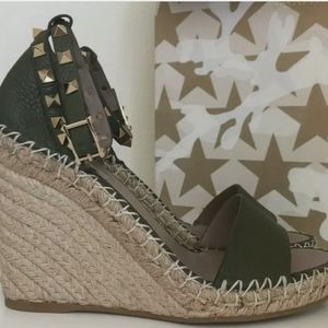Valentino Garavani Rockstud Double Espadrille Wedges Sandal Green Size 37